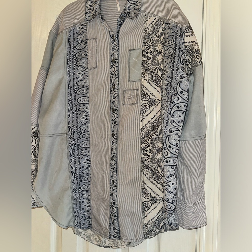 Free People Multi Pattern Distressed Button Down - image 2